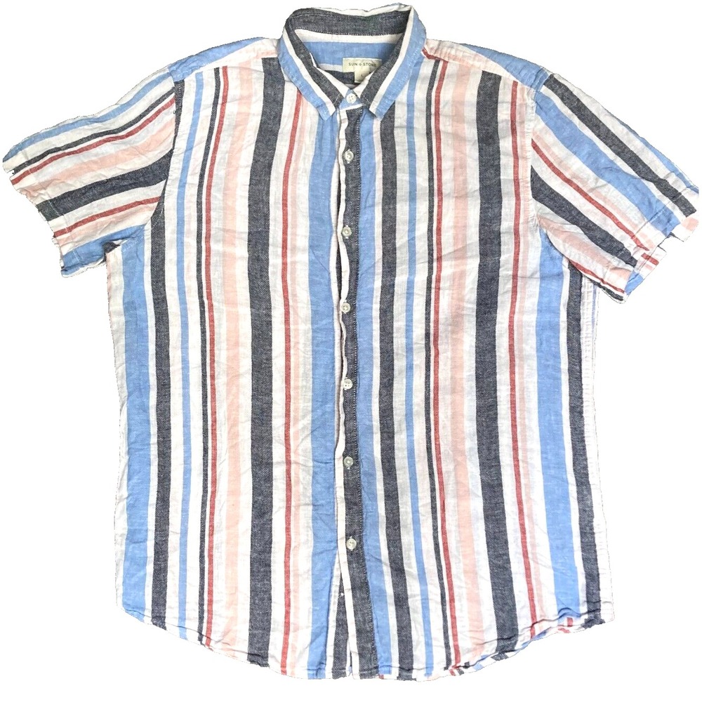 Sun + Stone Linen Striped Button Up Fun Colorful Camp Shirt Mens M L Red Blue